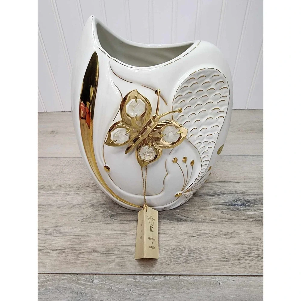 RARE Vintage 80s Italy Porcelain White Gold‎ Vase Butterfly Bruno Costenaro